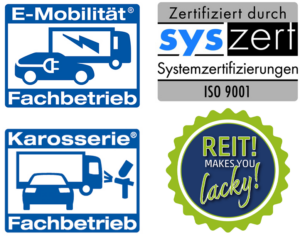 Logo Syszert, Logo E-Mobilität, LogoKarosserie und Logo Reit makes you lacky